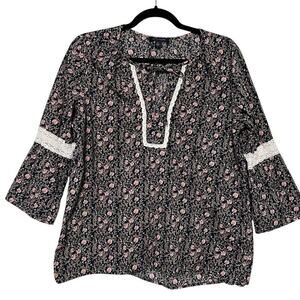 Tommy Hilfiger Cotton Floral Bohemian Top Navy with crochet lace detail (L)